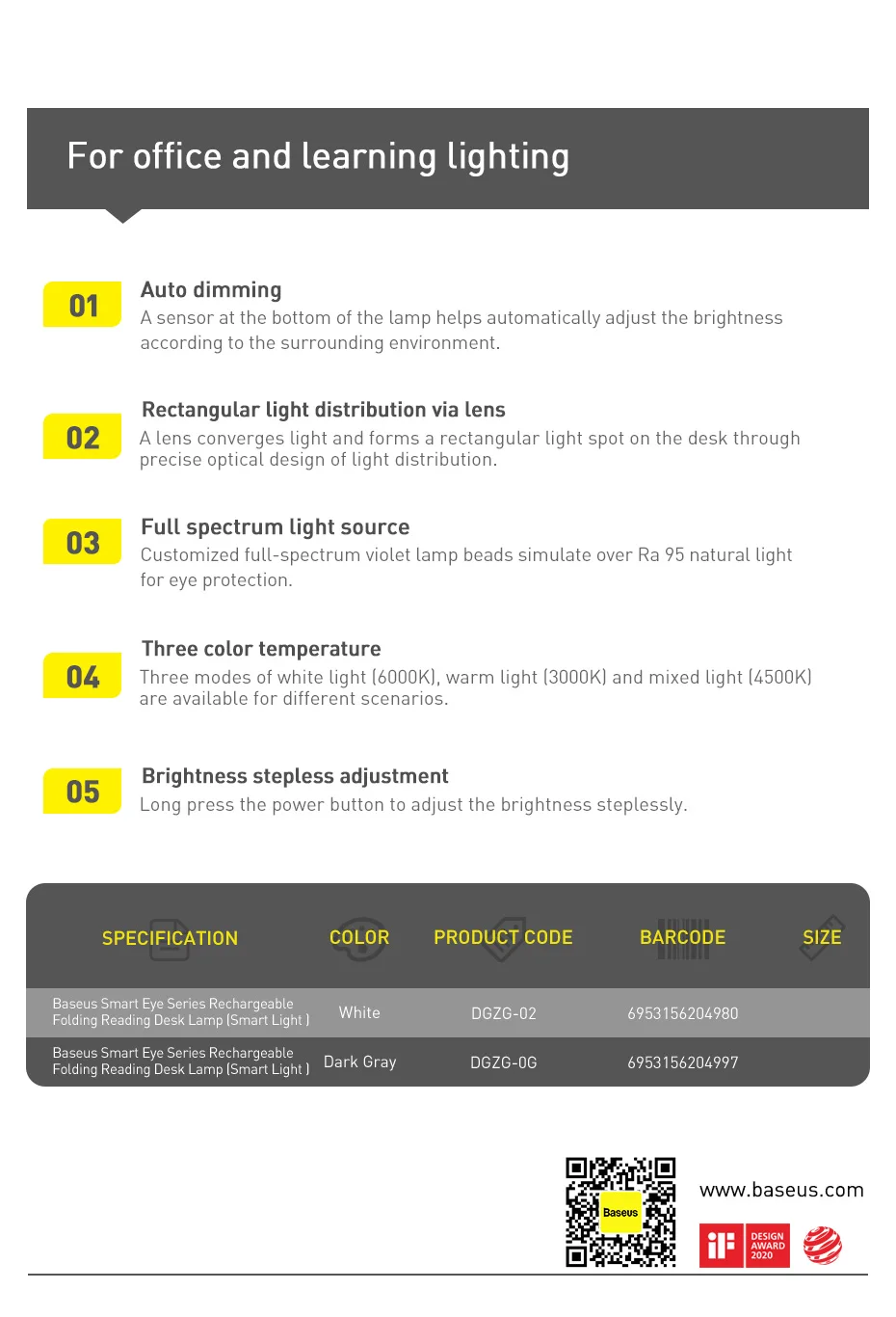 Baseus LED Desk Lamp Eye Protection Study Dimmable Office Light Foldable Table Lamp Smart Adaptive Brightness Bedside Read Lamp - Image 26
