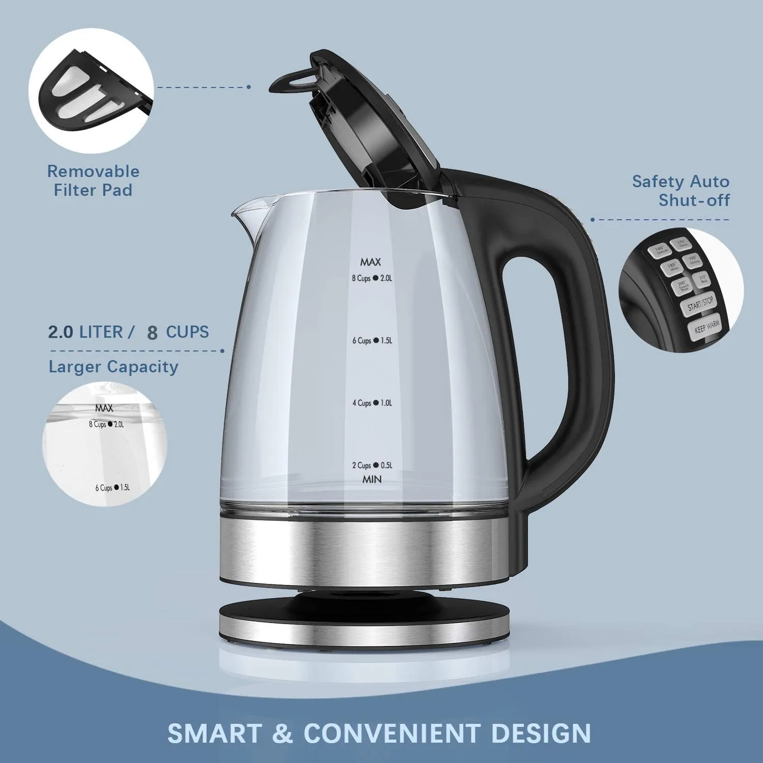 DEVISIB Electric Glass Kettle, 2200W Fast Boiling, Temperature Control, 4-Hour Keep Warm, 2.0L Tea Kettle & Hot Water Boiler - Image 14