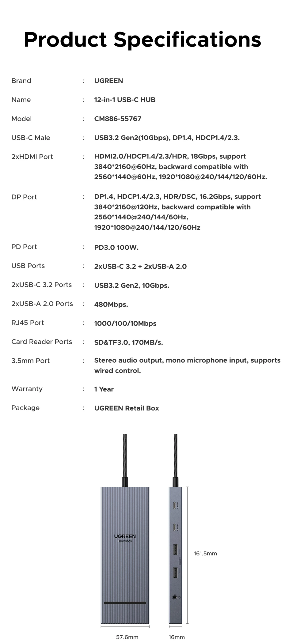 UGREEN 12-in-1 USB HUB Type-C to 2HDMI 4K120Hz DP USB3.2 10Gbps SD/TF RJ45 PD100W for MacBook Dell HP Laptop Accessories Docking - Image 43