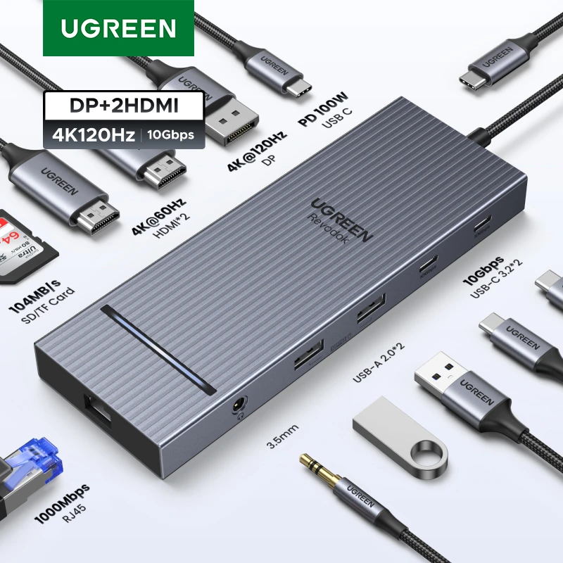 UGREEN 12-in-1 USB HUB Type-C to 2HDMI 4K120Hz DP USB3.2 10Gbps SD/TF RJ45 PD100W for MacBook Dell HP Laptop Accessories Docking