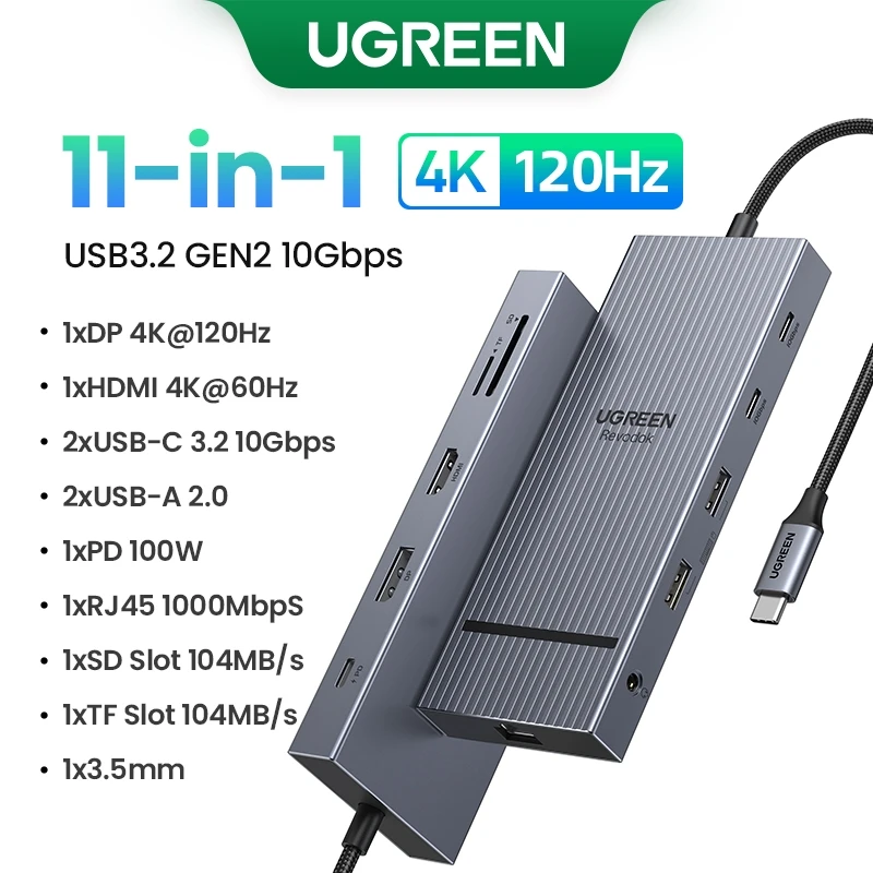 UGREEN 12-in-1 USB HUB Type-C to 2HDMI 4K120Hz DP USB3.2 10Gbps SD/TF RJ45 PD100W for MacBook Dell HP Laptop Accessories Docking - Image 8
