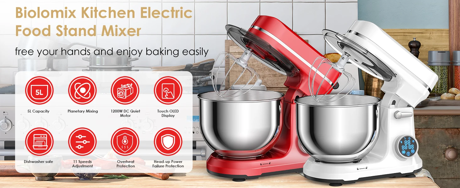 BioloMix Kitchen Food Stand Mixer, Blender, Quiet Motor, Cream Egg Whisk, Whip Dough Kneader, 6-Speed, 1200 W, 6 L, DC - Image 11