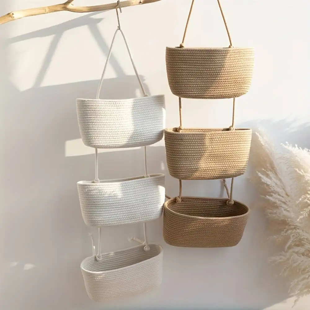 3-tier Rope Woven Fabric Basket, Boho Style, Over The Door, Decorative Starage For Living Room, Bathroom Shelf Baskets
