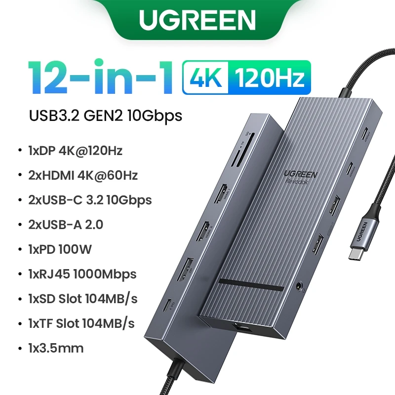 UGREEN 12-in-1 USB HUB Type-C to 2HDMI 4K120Hz DP USB3.2 10Gbps SD/TF RJ45 PD100W for MacBook Dell HP Laptop Accessories Docking - Image 9