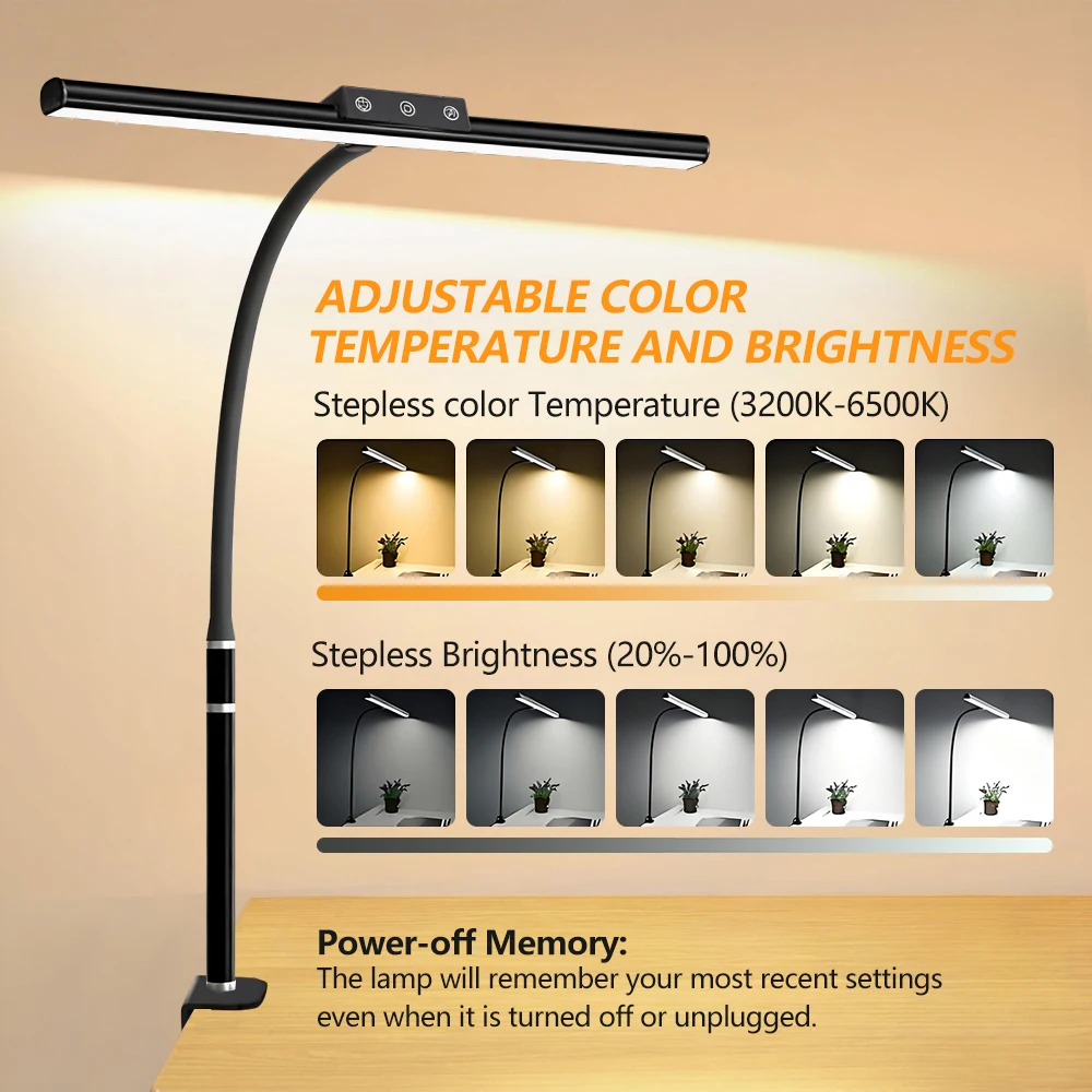 10W LED Desk Lamp for Office Home Eye-Caring Clamp USB Desk Lamp with 5 Color Stepless Dimming Flexible Gooseneck Touch Control - Image 2