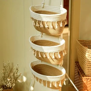 1pcs Handwoven 3-Tier Double Tassel Hanging Basket Wall-Mounted Storage Organizer Woven  Basket for Bathroom Kitchen Bedroom
