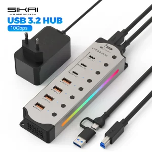 Aluminum Powered USB Hub 10Gbps USB-A USB-C 3.2 7Ports USB C Hub Individual On/Off Switches 12V Power Adapter for Laptop PC