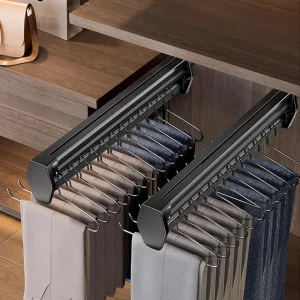 Multifunctional Wardrobe Trouser Hanger with Built-In Telescopic Pants Storage Pull-Out Clothes Rail Shelf Wardrobe Organizer