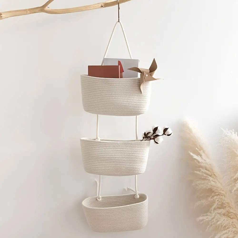 3-tier Rope Woven Fabric Basket, Boho Style, Over The Door, Decorative Starage For Living Room, Bathroom Shelf Baskets - Image 4