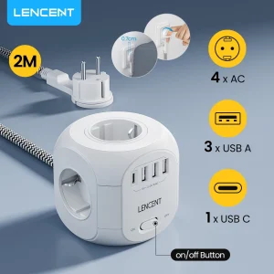 LENCENT Upgraded Power Strip Cube with  4 AC Outlets 3 USB Port 1 Type C 2M Braided Cable Multi Socket with Switch for Home