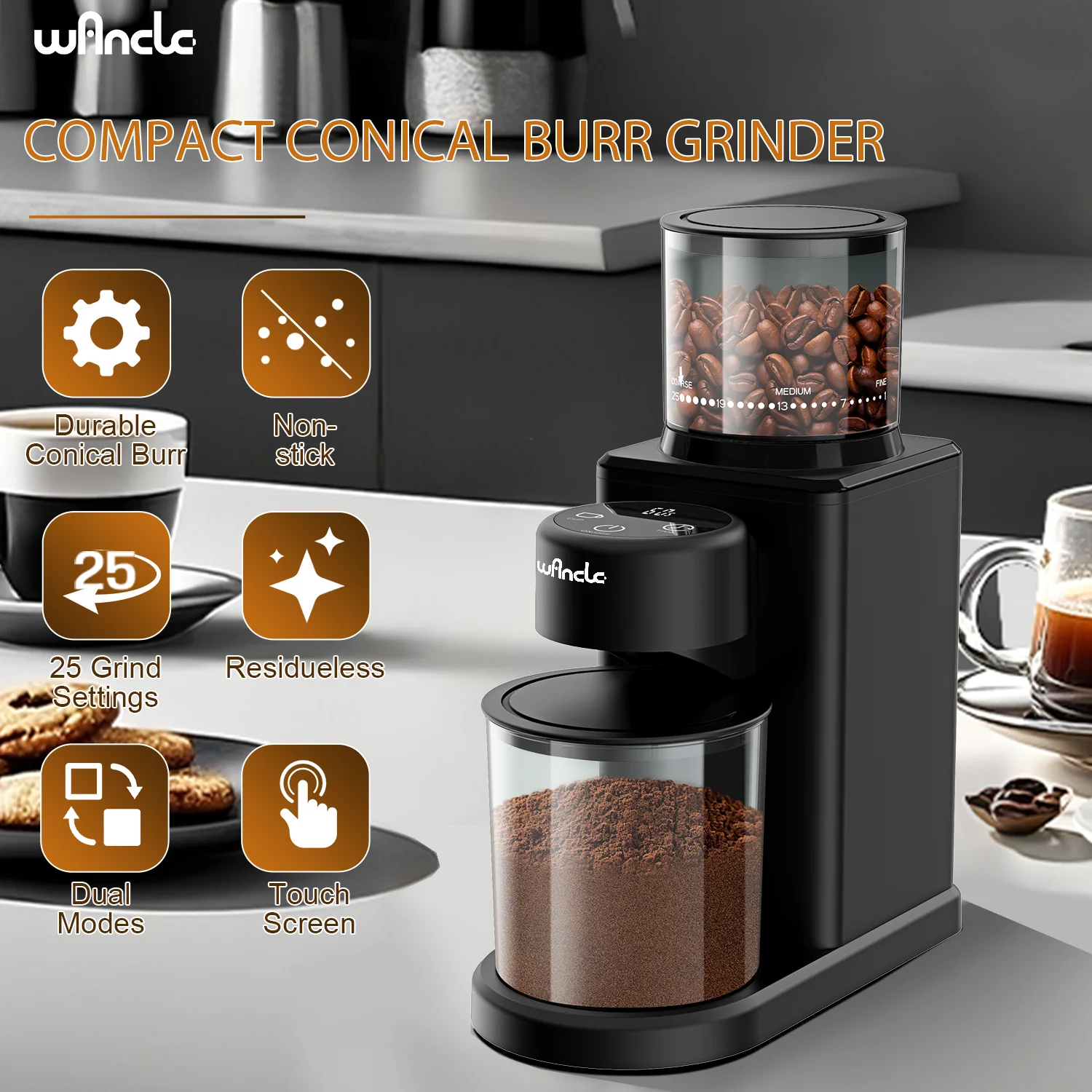Electric Conical Burr Grinder Coffee Bean Grinder with 25 Grind Setting for French Espresso Touchscreen Dual Modes Grinding - Image 9