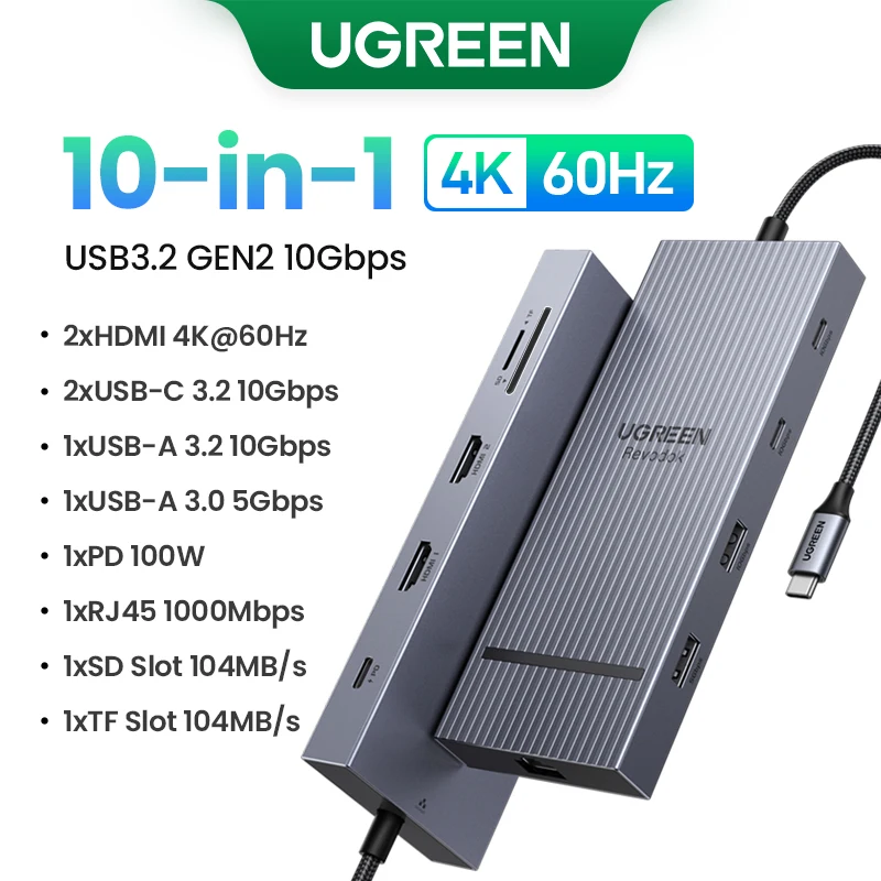 UGREEN 12-in-1 USB HUB Type-C to 2HDMI 4K120Hz DP USB3.2 10Gbps SD/TF RJ45 PD100W for MacBook Dell HP Laptop Accessories Docking - Image 13