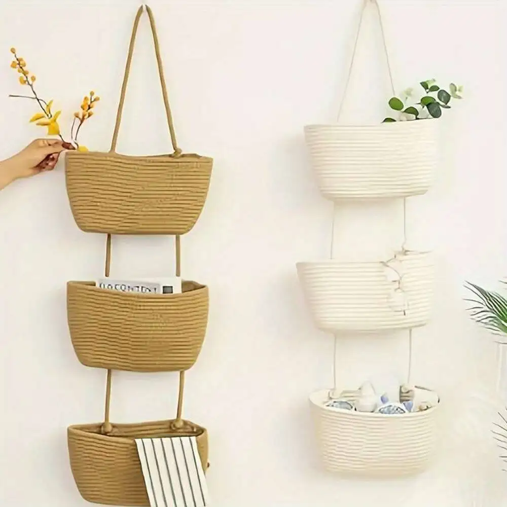 3-tier Rope Woven Fabric Basket, Boho Style, Over The Door, Decorative Starage For Living Room, Bathroom Shelf Baskets - Image 2